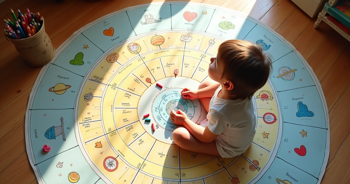 Mapa astral infantil colorido com desenhos de planetas e criança olhando para cima 