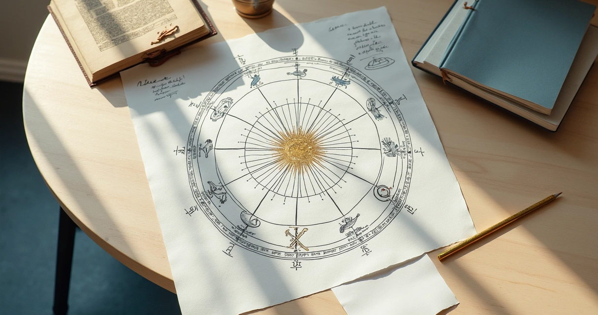 Mapa astral com símbolos e anotações em mesa clara