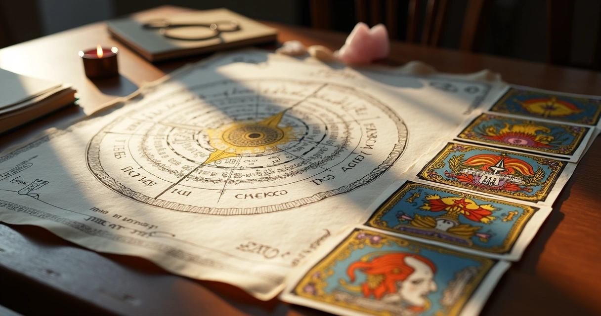 Mapa astral desenhado em papel ao lado de cartas de tarot 