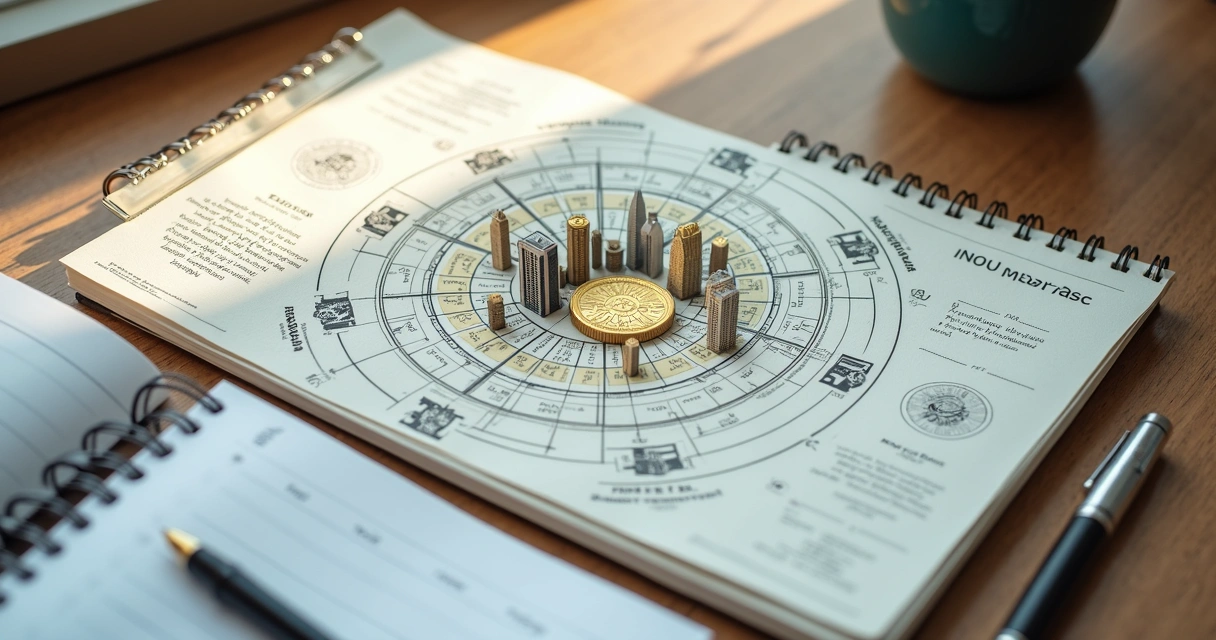 Mapa astral com símbolos empresariais desenhados, ao lado de agenda e caneta 