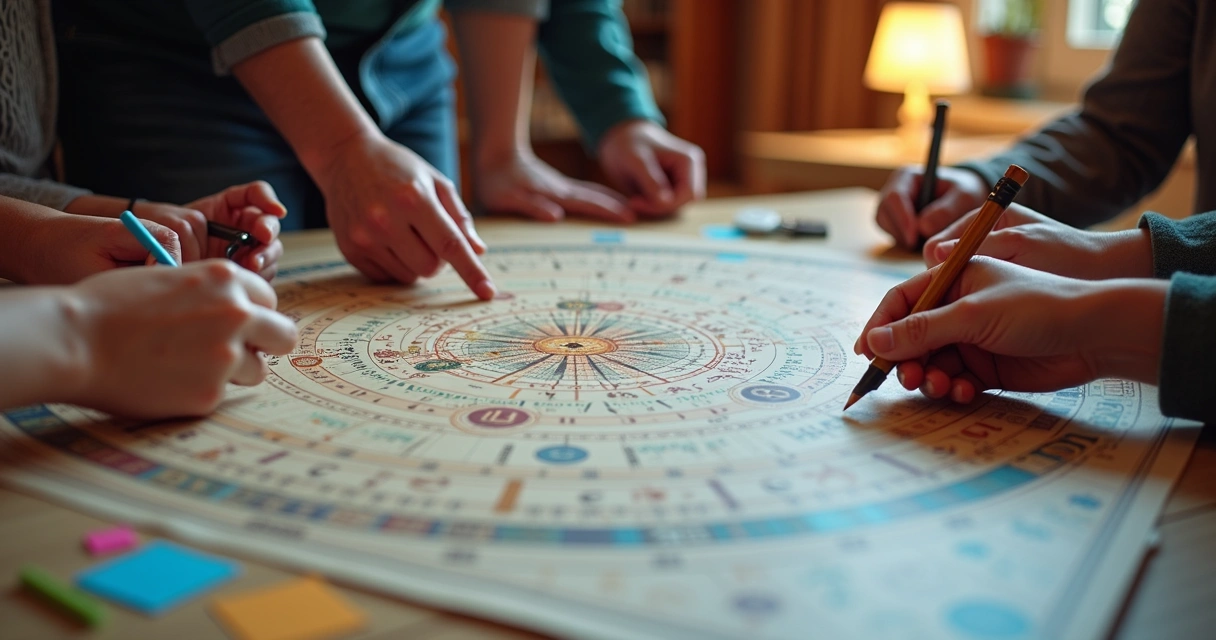 Mapa astral colorido sendo analisado por mãos de diferentes idades 