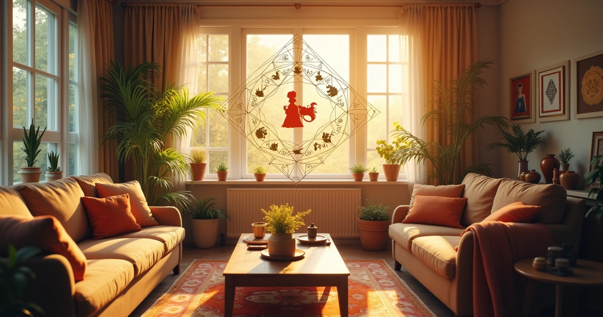 Mapa astral familiar com linhas conectando símbolos dos signos e membros da família em uma sala vibrante