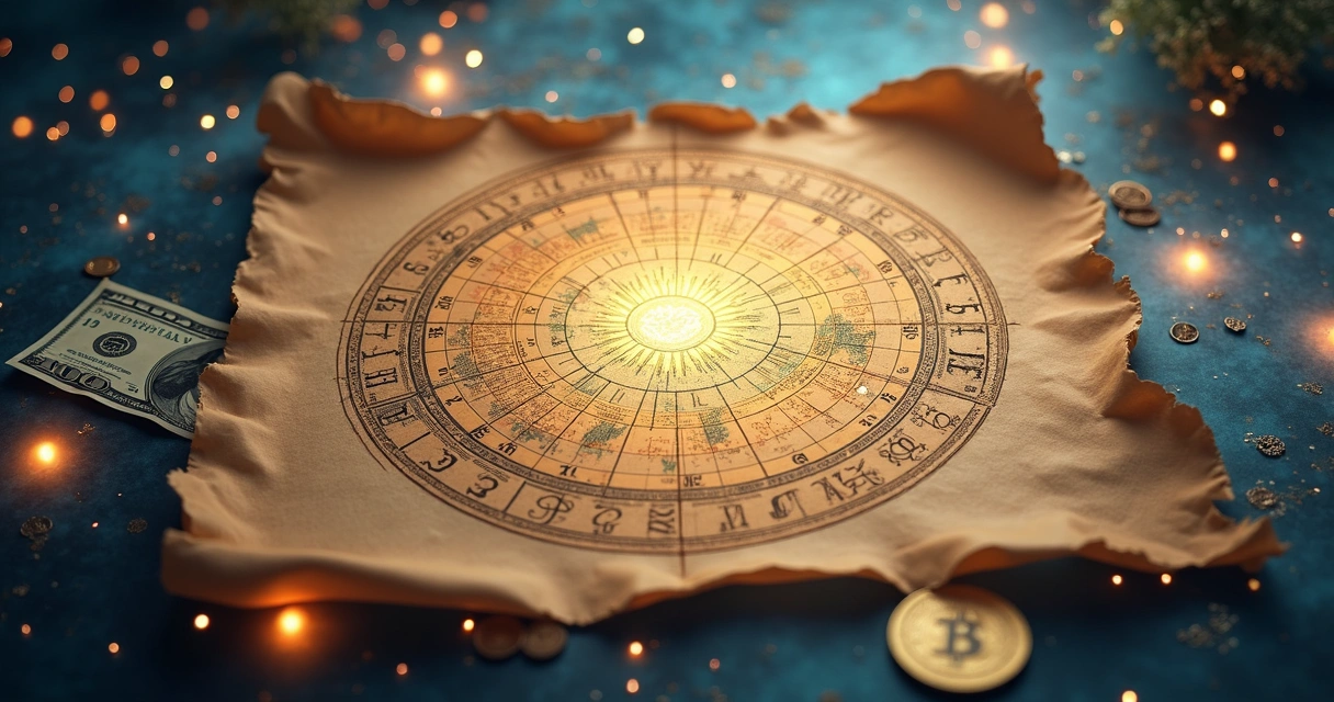 Mapa astral desenhado com símbolos de dinheiro e gráficos de investimento em volta 