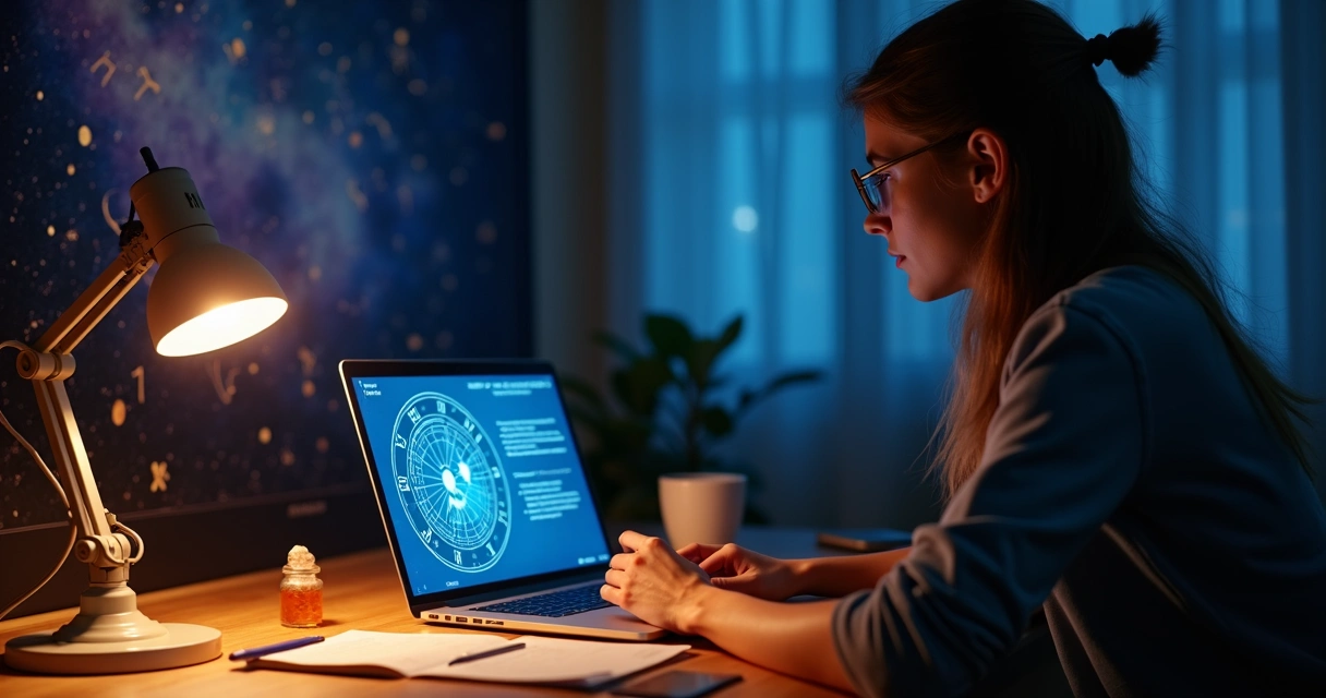 Jovem mulher analisando mapa astral digital com símbolos de signos e planetas 