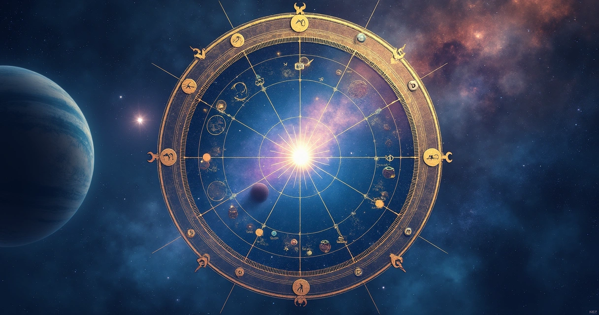 Representação de um mapa astral com indicadores de influências kármicas 