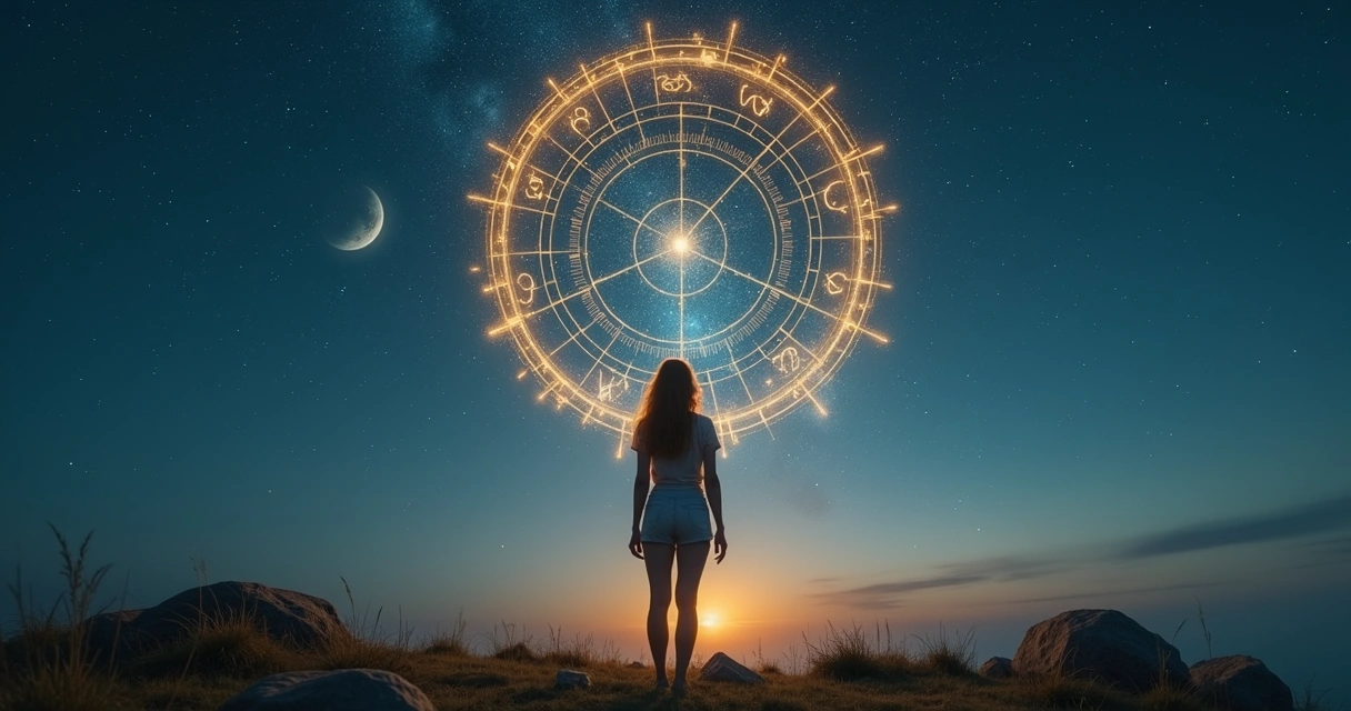 Mulher observando mapa astral projetado em espiral de luz no céu noturno 