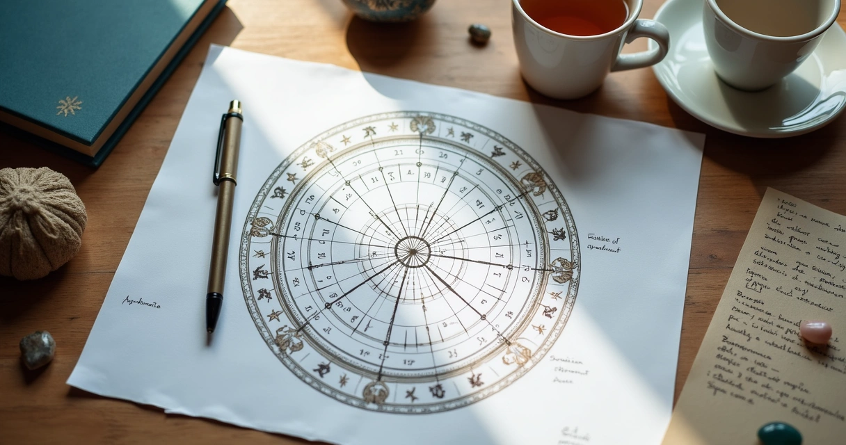 Mapa astral aberto sobre mesa com anotações e cristais