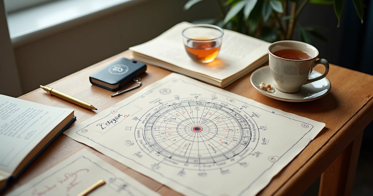 Mapa astral aberto sobre mesa com anotações e caneta 