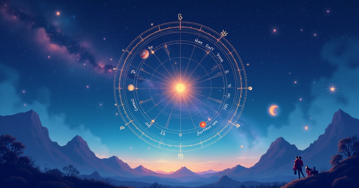 Ilustração de um mapa astral em um céu noturno, com símbolos astrológicos e constelações visíveis.