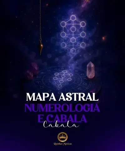Mapa astral com símbolos de numerologia e cabala em fundo cósmico escuro
