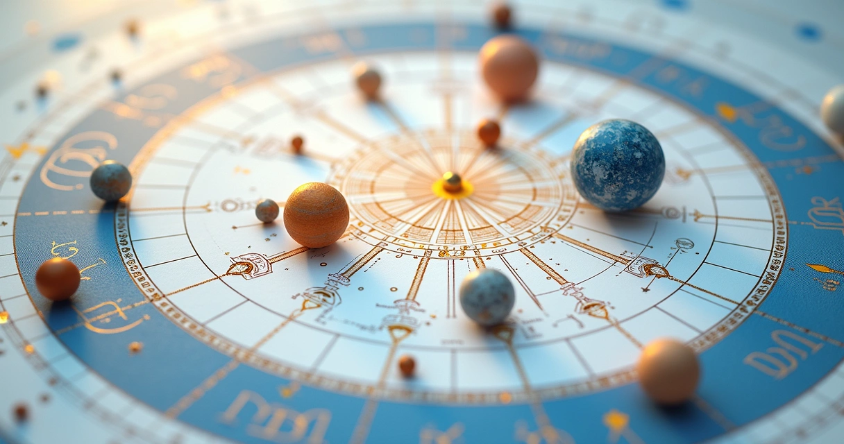 Mapa astral progressivo com planetas em movimento e linhas coloridas conectando signos 