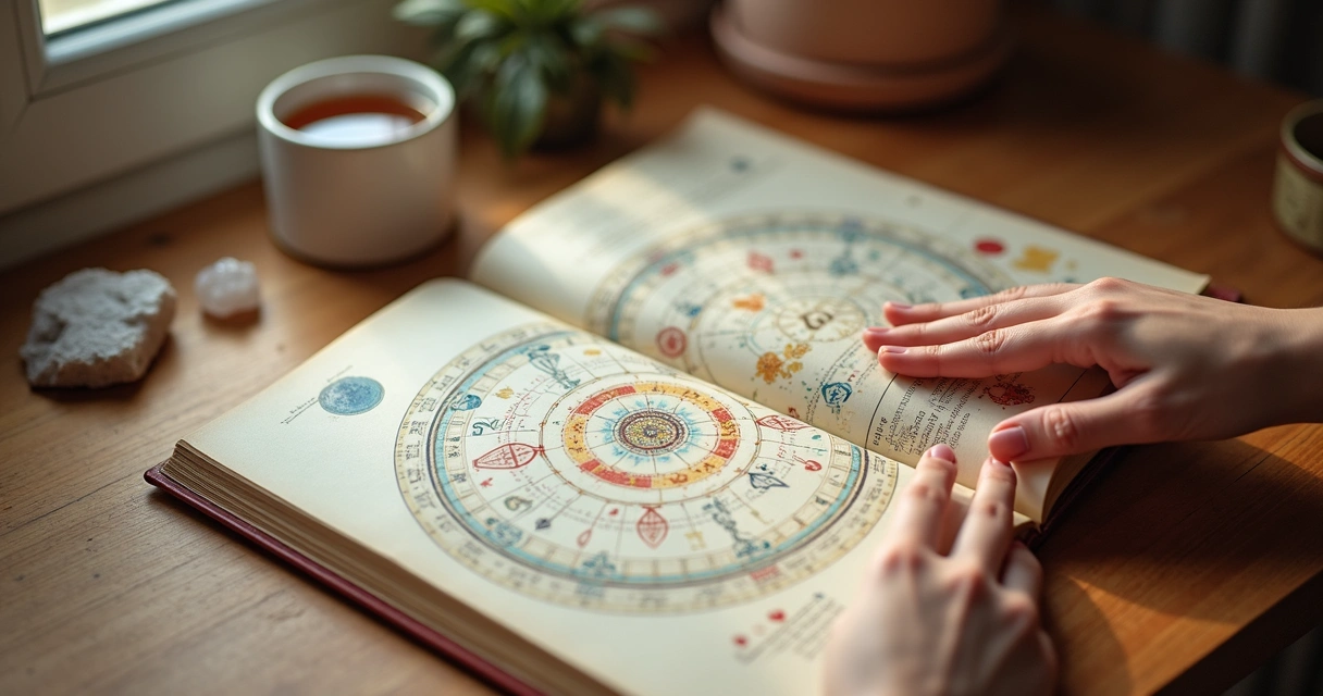 Mapa astral de casal desenhado sobre papel, símbolos astrológicos coloridos ao redor 