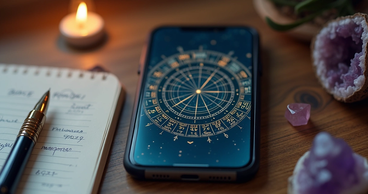 Mapa astral digital exibido em tela de celular, ao lado de caderno com anotações e caneta. 