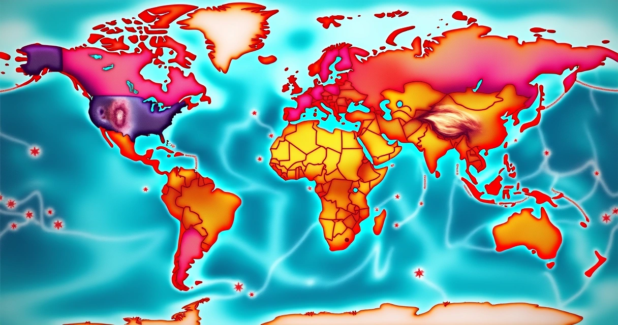 Mapa colorido com linhas de astrocartografia e regiões destacadas. 