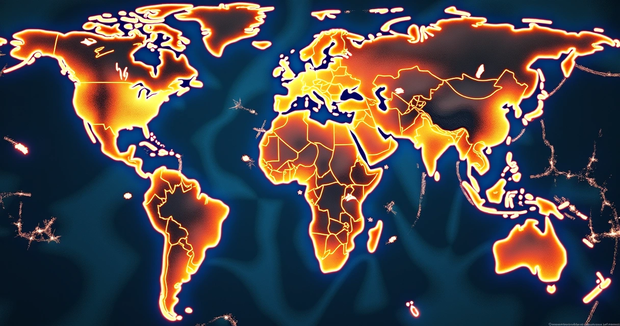 Mapa mundi com linhas coloridas representando diferentes energias planetárias. 