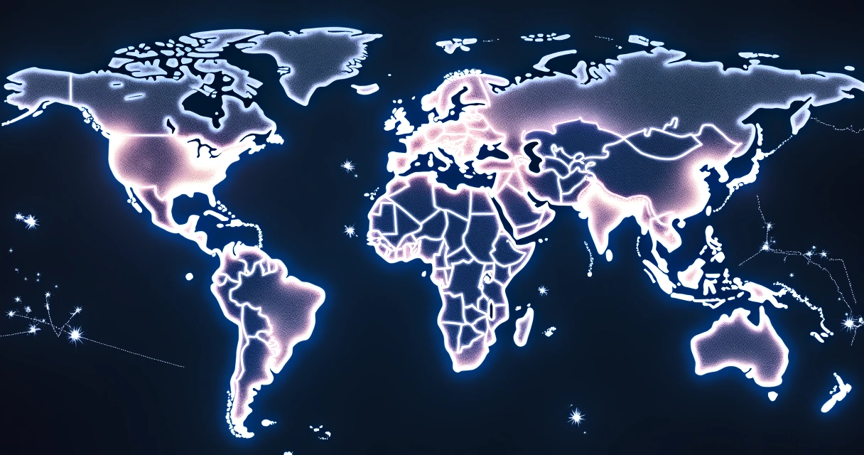 Mapa mundial com linhas astrocartográficas coloridas