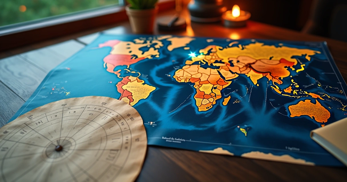 Mapa mundi com linhas de astrocartografia ligadas ao mapa astral 