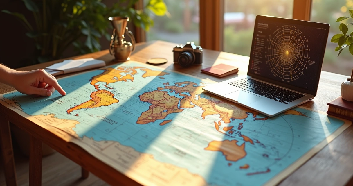 Mapa-múndi com linhas de astrocartografia ao lado de planejamentos de viagem 