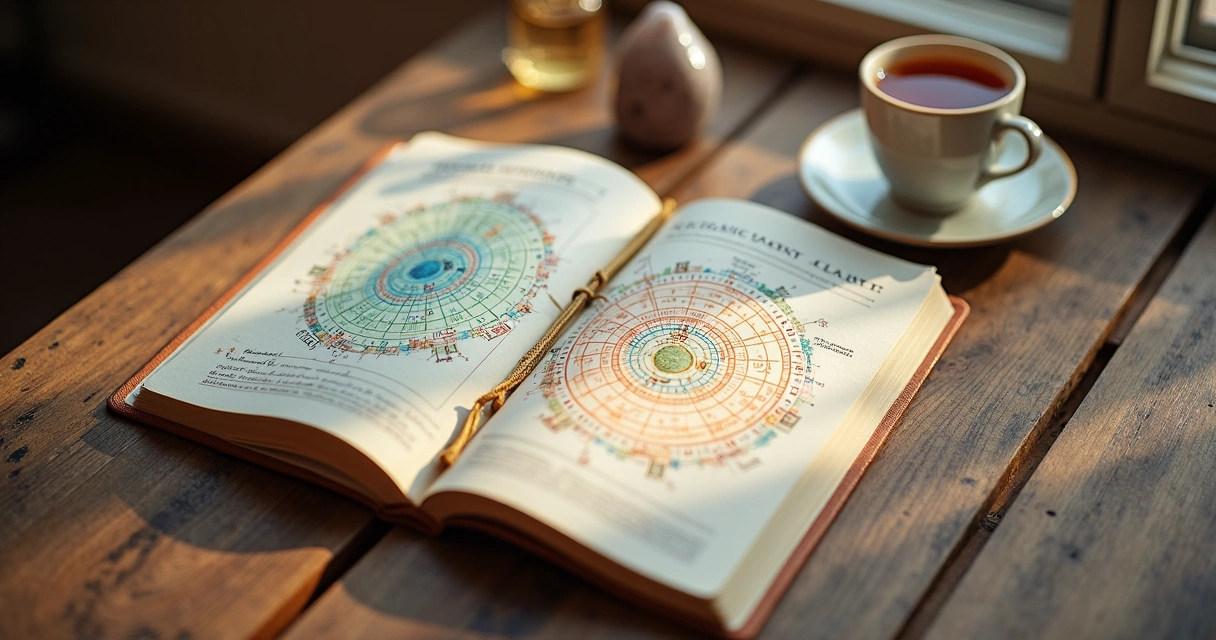 Representação gráfica de um mapa astral colorido com signos e planetas destacados 