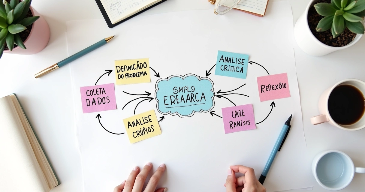Mapa mental com etapas e fluxos de autopesquisa científica em português, linhas interligando tópicos e cores leves. 