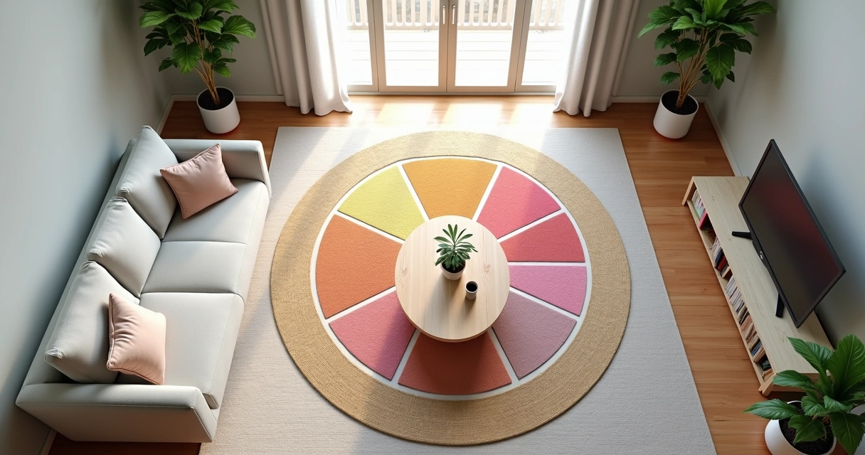 Mapa baguá sobreposto em uma sala de estar organizada 