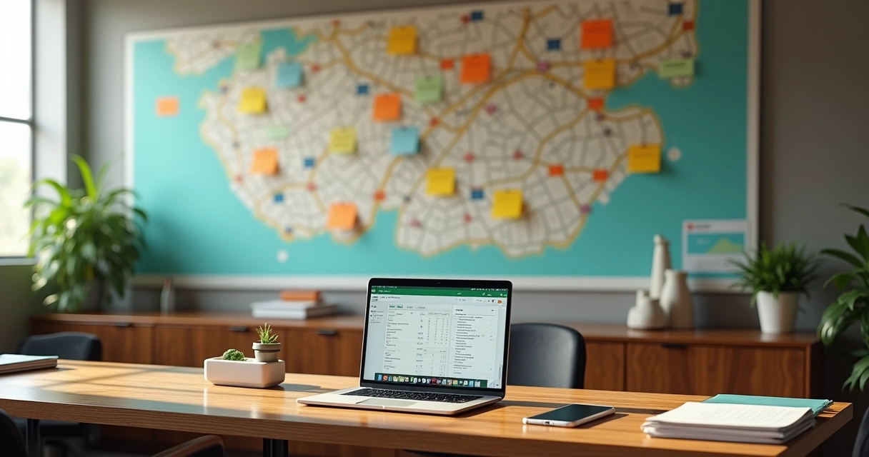 Quadro de mapa de bairro com cartões coloridos conectados a tela digital de gestão parlamentar 
