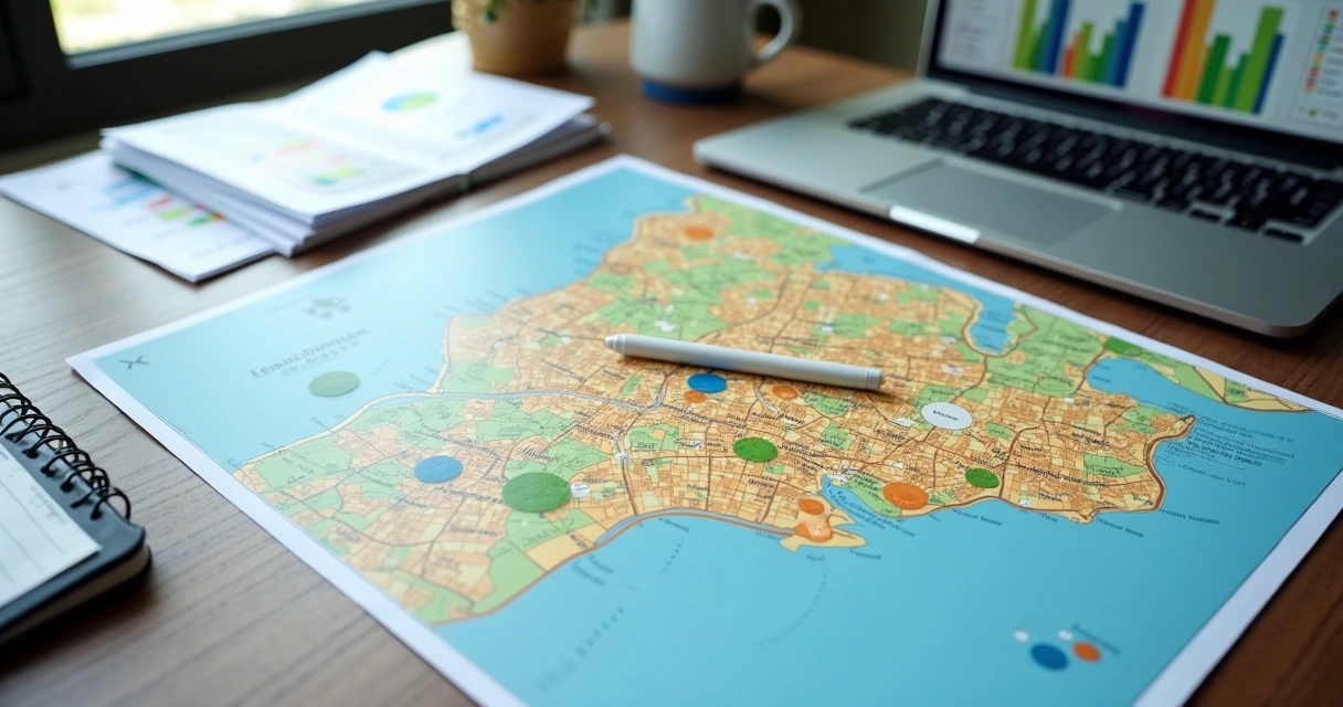 Mapa urbano com bairros e pontos de demanda de aluguel 