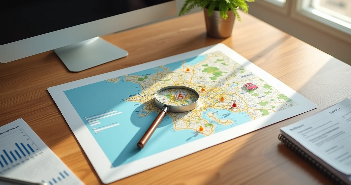 Mapa ilustrado de Contagem em mesa com lupa destacando bairros valorizados 