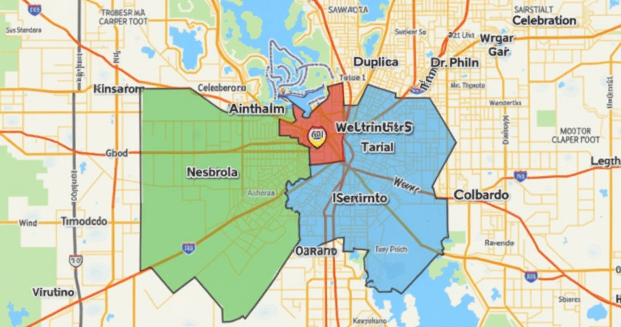 Mapa destacando bairros de Orlando ideais para festas 