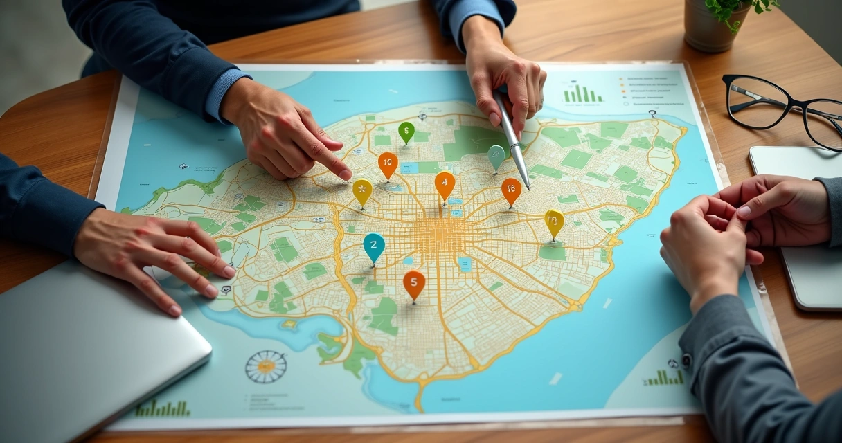 Mapa ilustrado de Belo Horizonte com bairros destacados em cores vivas 