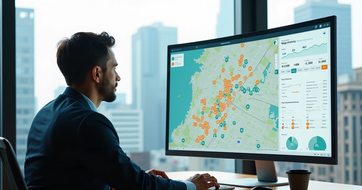 Corretor analisando mapa imobiliário digital com gráficos de preço do imóvel 