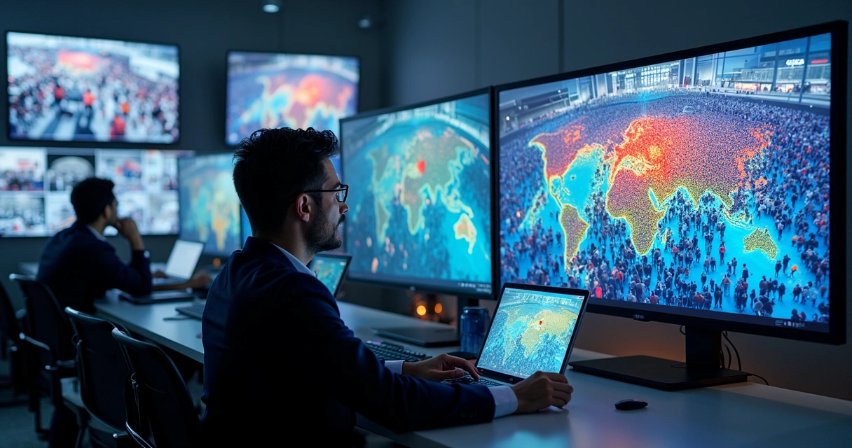 Operador analisando mapas de calor na tela durante evento com multidão 