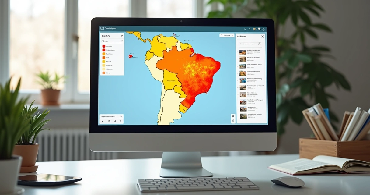 Mapa digital com pontos de imóveis e áreas coloridas por concentração de ofertas 