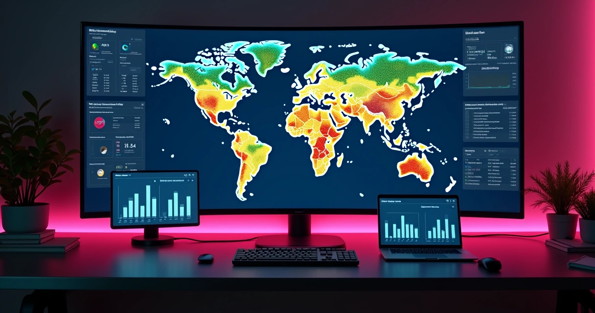 Mapa-múndi digital com mapa de calor de tráfego online e ícones de ferramentas de análise 