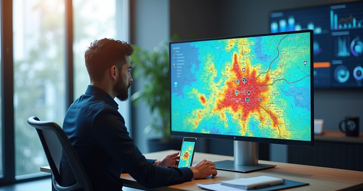 Mapa de calor de vendas em tela de computador destacando concentração de empresas por localização 