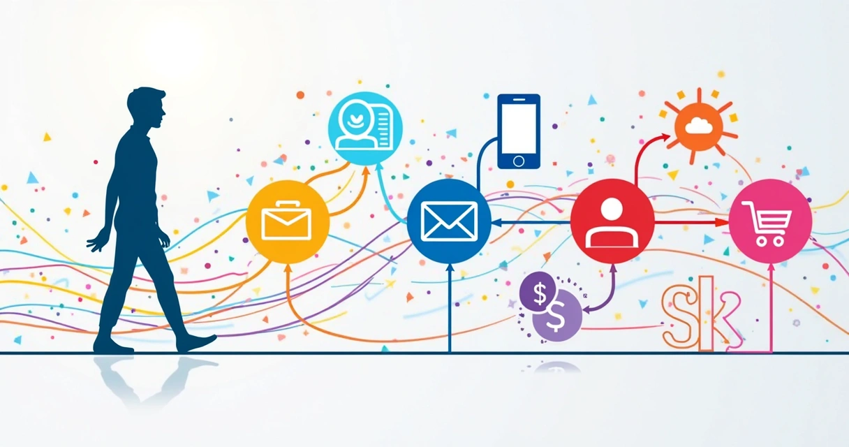 Mapa visual do caminho de um cliente por múltiplos canais, terminando em conversão 