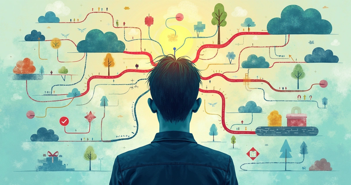 Mapa mental com caminhos mostrando obstáculos e setas. 