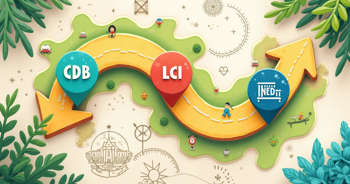 Mapa ilustrativo mostrando caminhos para CDB, LCI e tesouro direto