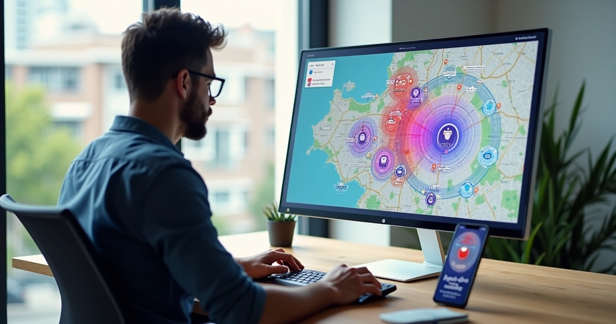 Gestor de clínica odontológica analisando mapa digital com pins em bairro urbano 
