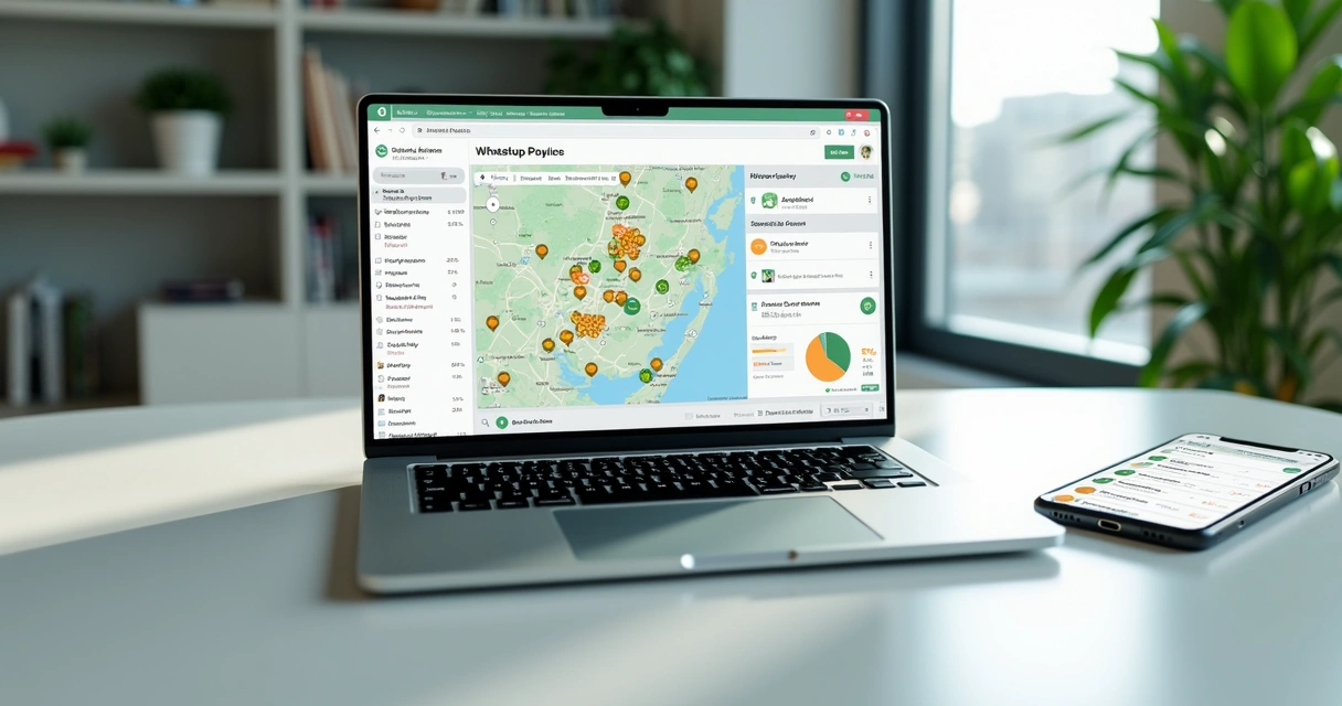 Tela com mapa, segmentos e mensagens de WhatsApp 