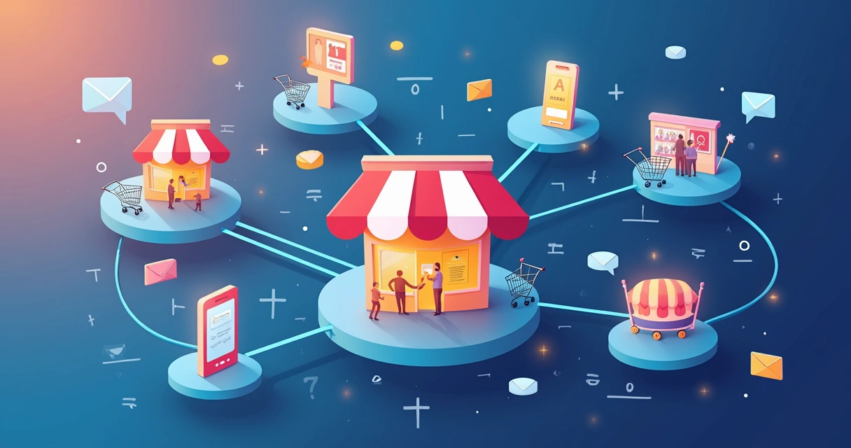 Mapa esquemático conectando diferentes canais de vendas online e offline 