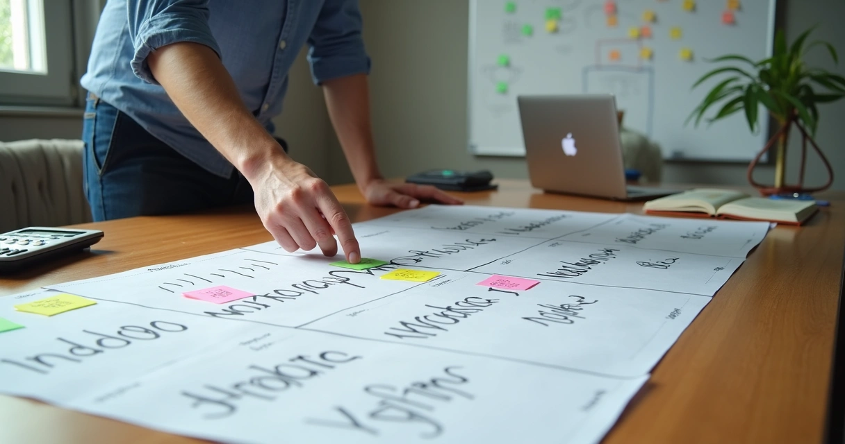 Empresário apontando para mapa de canais de vendas divididos em colunas 