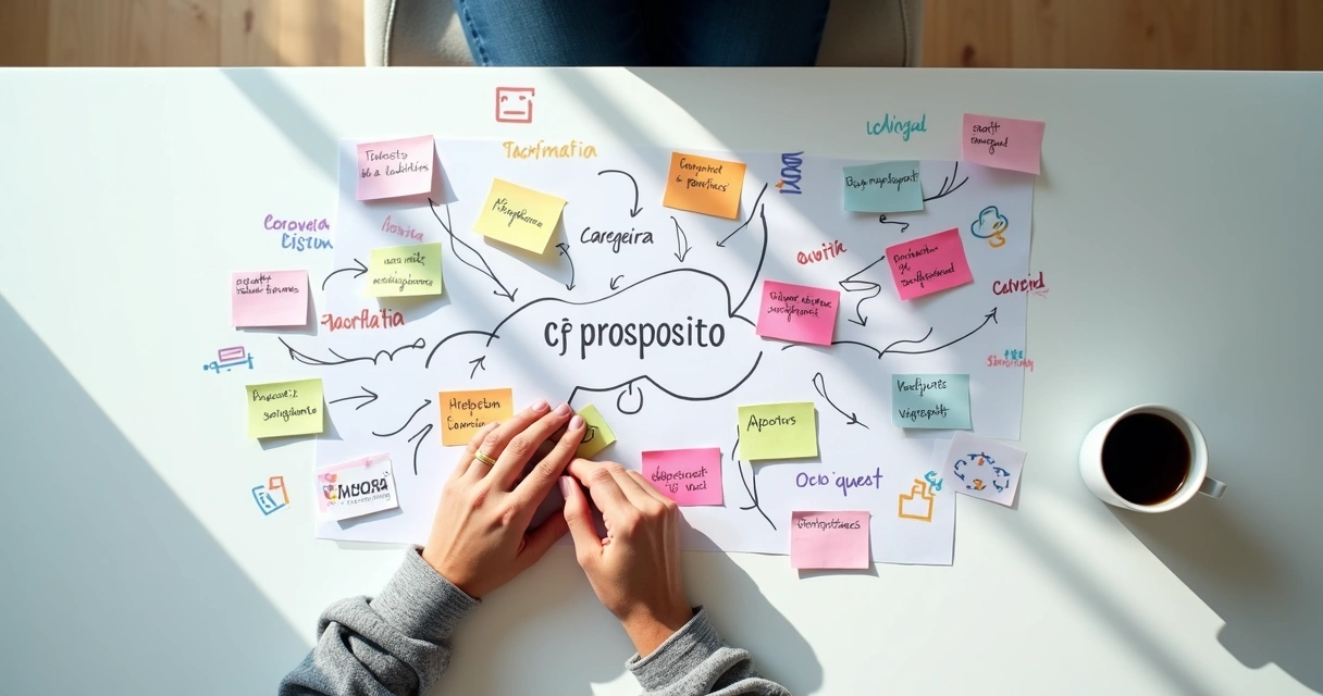 Mapa de metas e propósitos riscados em mesa branca 