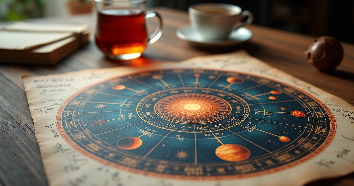 Mapa celeste colorido mostrando planetas e signos conectados por linhas 