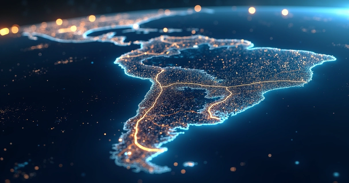 Mapa do Brasil com cidades conectadas por linhas digitais. 