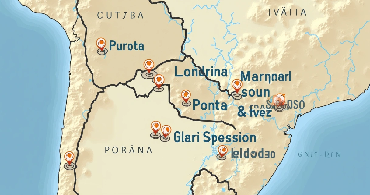 Mapa do Paraná com cidades destaque em leilões de imóveis realçados 