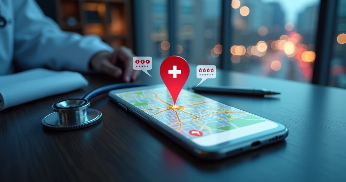 Mapa digital destacando clínica médica em área urbana 