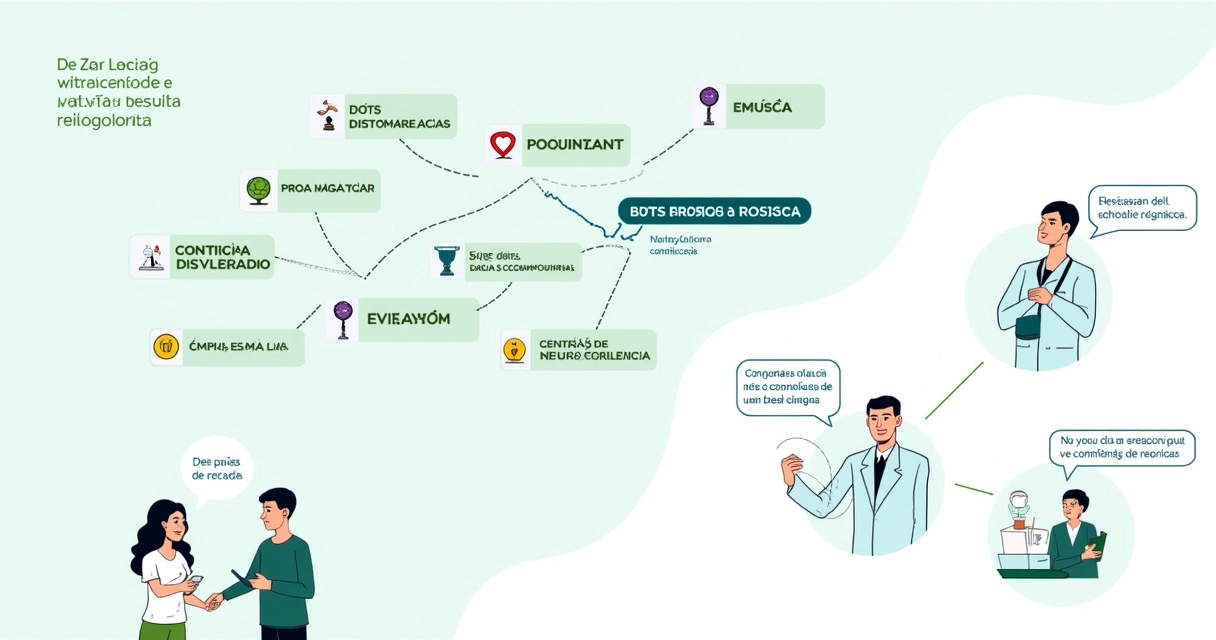 Mapa destacando clínicas de avaliação neuropsicológica no Tatuapé com ícones e pessoas conversando.