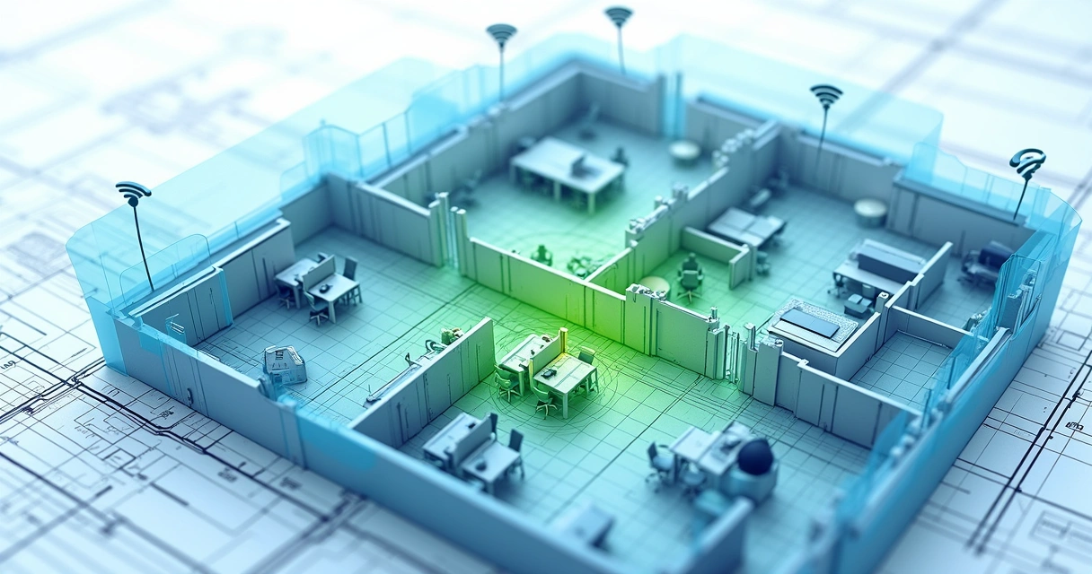 Mapa digital colorido mostrando a cobertura Wi-Fi em um grande ambiente corporativo. 