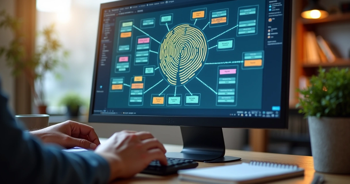 Tela com mapa cognitivo e arquivos digitais organizados 